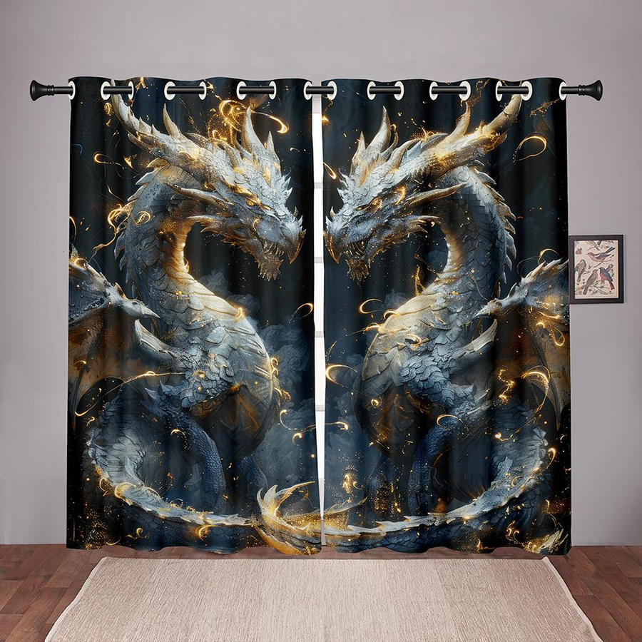 Drachenvorhänge im Fantasy-Stil mit 3D-Druck, 2 Paneele, Blau und Gold, B: 50 cm, H: 60 cm - Bild 1
