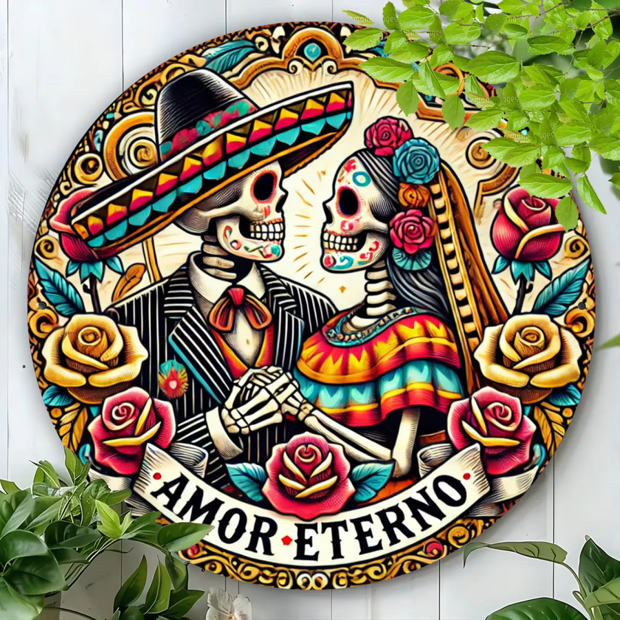 Potdemiel Dia De Los Muertos Aluminium-Wanddekoration mit Skelettpaar in Schwarz im Vintage-Gothic-Romantik Stil - Bild 4