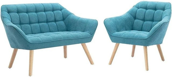 Vente-unique Couchgarnitur Caserta bestehend aus einem 2-Sitzer Sofa und einem Sessel in Türkisblau aus Stoff, Breite: 127 cm, Tiefe: 82 cm