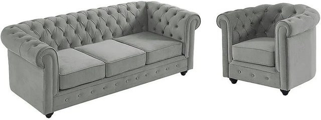 Vente-unique Chesterfield Couchgarnitur aus Samt mit 3-Sitzer-Sofa und Sessel in Hellgrau, Breite: 205 cm, Tiefe: 82 cm - Bild 1