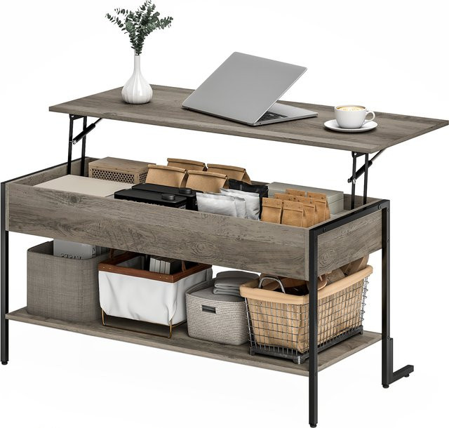 HOMCOM Couchtisch im Industrial Design mit höhenverstellbarer Platte und Regalfach, grau/schwarz, B/T/H: 95 x 40 x 59 cm - Bild 1
