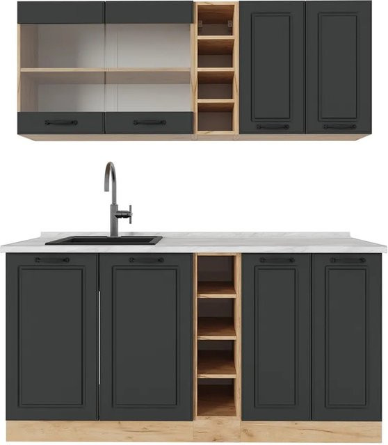 Vicco R-Line Singleküche Landhausstil in Anthrazit und Goldkraft Eiche mit Marmor-Arbeitsplatte, Breite: 160 cm - Bild 1