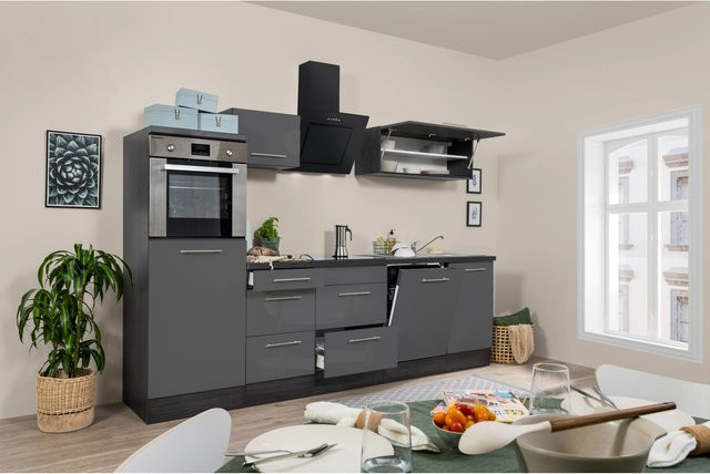 Respekta Premium Küchenzeile modern in Grau Hochglanz-Eiche mit Soft-Close-Türen und Schubladen - Bild 1