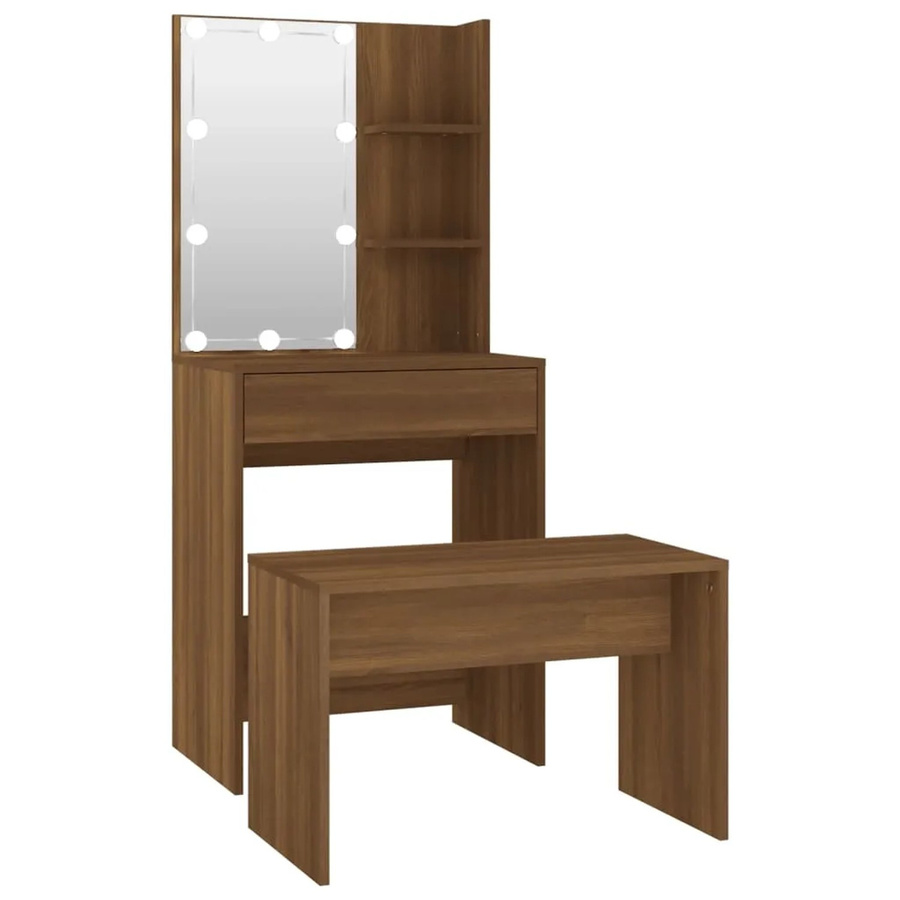 vidaXL Schminktisch-Set Modell 4 mit LED in Eiche Braun aus Holzwerkstoff, B: 140 cm, T: 40 cm, H: 60 cm - Bild 2
