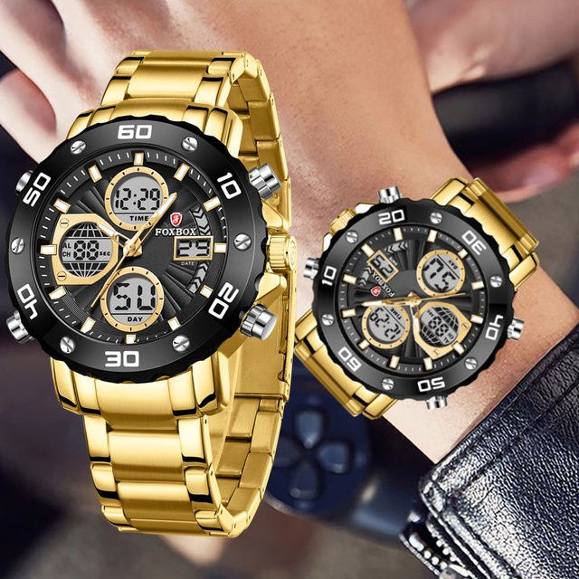 FOXBOX Digitaluhr, Quarz, Edelstahl, Gold, Herren - Bild 1