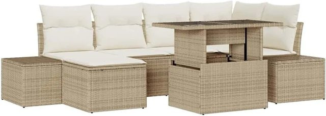 vidaXL Garten-Sofa-Set 7-teilig in Beige mit Kissen und L-Form aus Metall und Rattan - Bild 1