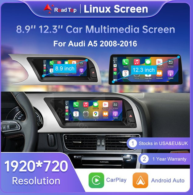 Road Top Radio Multimedia Linux Touchscreen für Audi A5 2008-2016 mit Wireless CarPlay, Android Auto, Airplay, Car Player und GPS in Schwarz - Bild 1