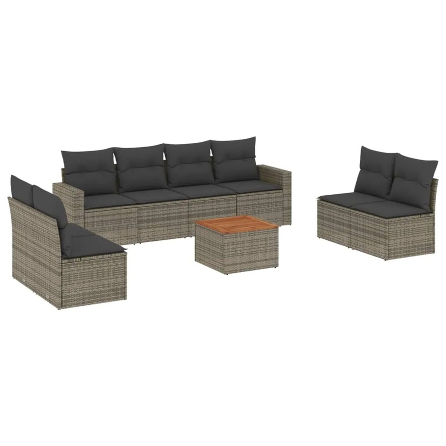 vidaXL 9-tlg Garten-Sofagarnitur aus Poly Rattan und Akazienholz in Grau mit Kissen - Bild 2