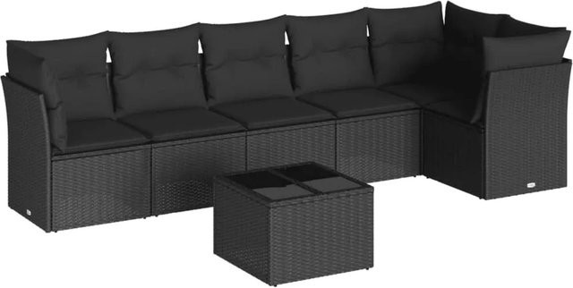 vidaXL 7-tlg Garten-Sofagarnitur aus Poly-Rattan mit Kissen in Schwarz - Bild 1