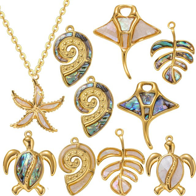 Ocean Series Anhänger, Edelstahl, Gold, Meeresschildkröte, Muschel, Unisex - Bild 1
