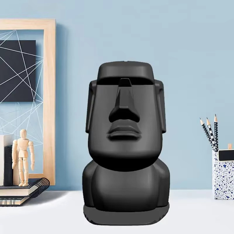 Moai-Statue aus Kunstharz als 3-in-1 Schreibtisch-Organizer in Schwarz für Handy und Brille - Bild 4