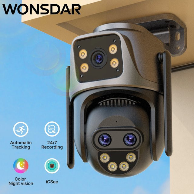 WONSDAR IP-WLAN-Außenkamera mit drei Objektiven, 2-Wege-Audio, IP66 wasserbeständig, intelligente Nachtsicht und automatischer Verfolgung in Schwarz (ICSee) - Bild 1