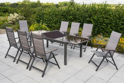 Merxx Gartenmöbelset Trivero 9-teilig in Braun mit ausziehbarem Tisch und 8 Klappsesseln aus Aluminium und Textil - Bild 1