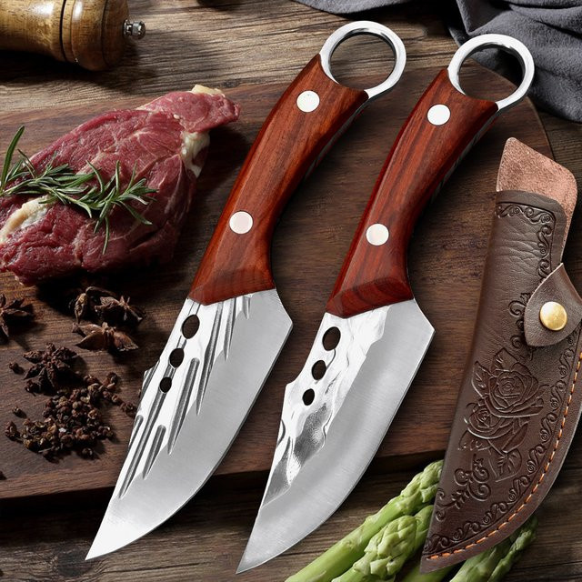 InLeung Fleisch Hackmesser aus handgeschmiedetem Edelstahl mit Holzgriff und Full Tang, silberfarbenes Metzgermesser und Ausbeinmesser - Bild 1