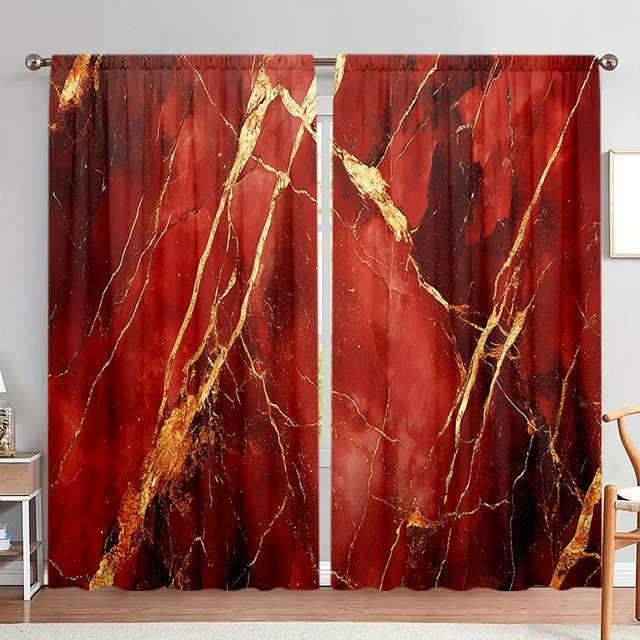 2er-Set Vorhang mit rotem Marmor-Design und Golddruck, halbtransparent, B: 75 cm, H: 165 cm - Bild 1