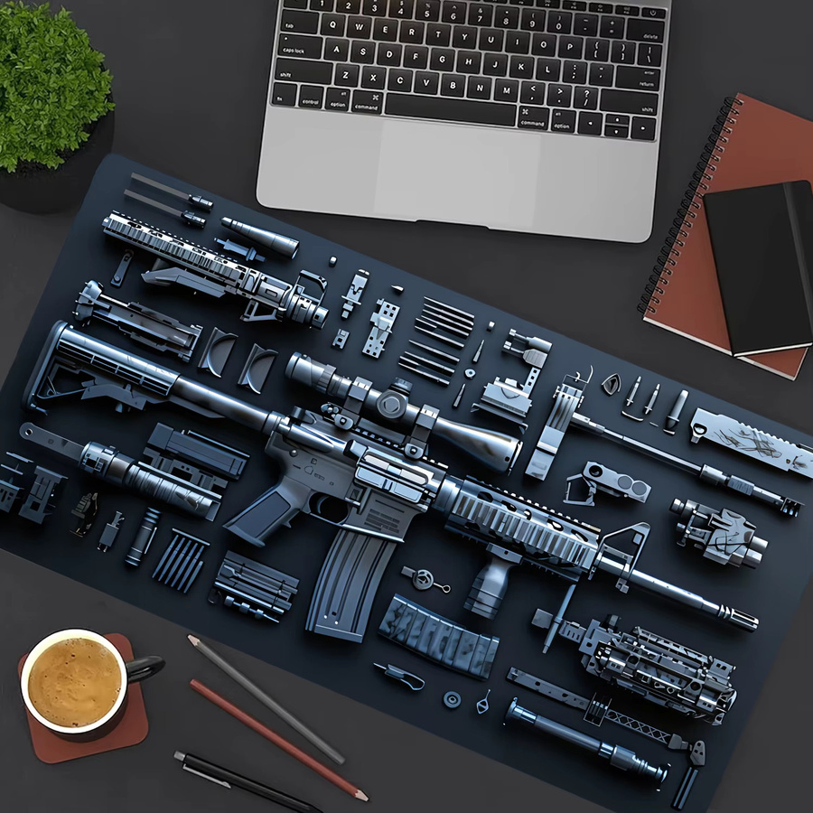 XGZ Mauspad mit Waffenteilen-Design in Schwarz, B/T: 90 x 40 cm, rutschfeste Gaming-Schreibtischunterlage für FPS-Shooter und Büro - Bild 3