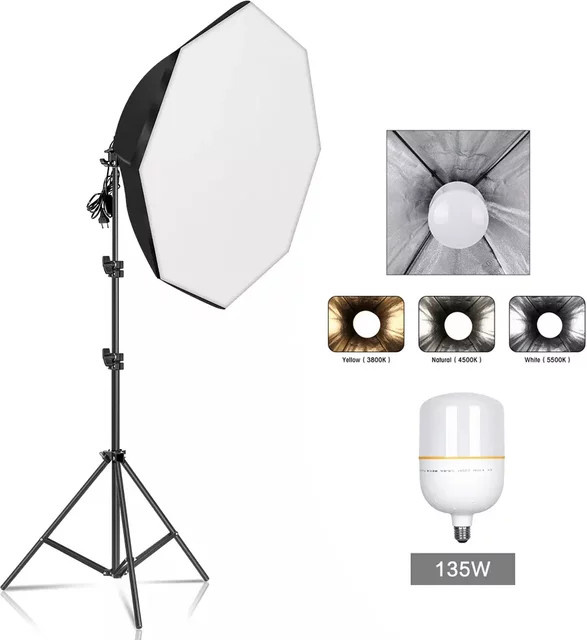 SH Photo Oktagon-Softbox-Set in Schwarz mit 2m Stativ und verschiedenen Glühbirnen für LED-Licht und Fotostudio-Zubehör - Bild 1