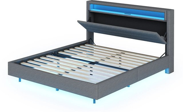 Merax Polsterbett mit Lift-up-Funktion und LED-Beleuchtung, Farbe Grau, B/T/H: 160 x 200 x 108 cm - Bild 1