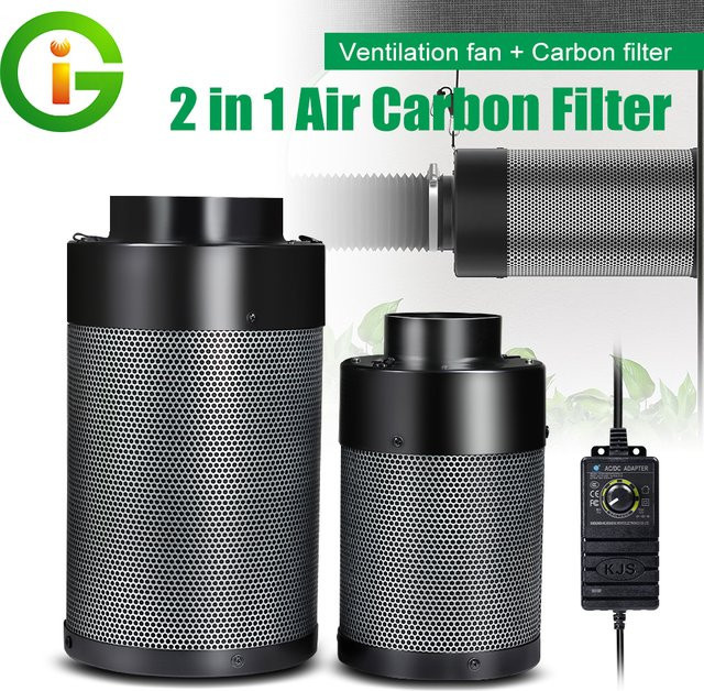 TRANYTON 2-in-1 Aktivkohle-Luftfilter-Set mit Geschwindigkeitsregelung für Indoor-Grow-Zelte und Hydroponik-Gewächshäuser, Schwarz, Metall - Bild 1