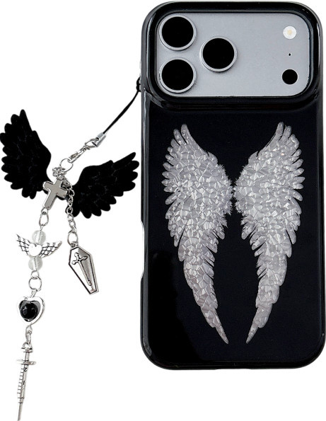 Potdemiel Handyhülle mit Laser-Cartoon-Engelsflügeln und Anhänger für iPhone 15, 16 und 17 Pro Max, Schwarz - Bild 1
