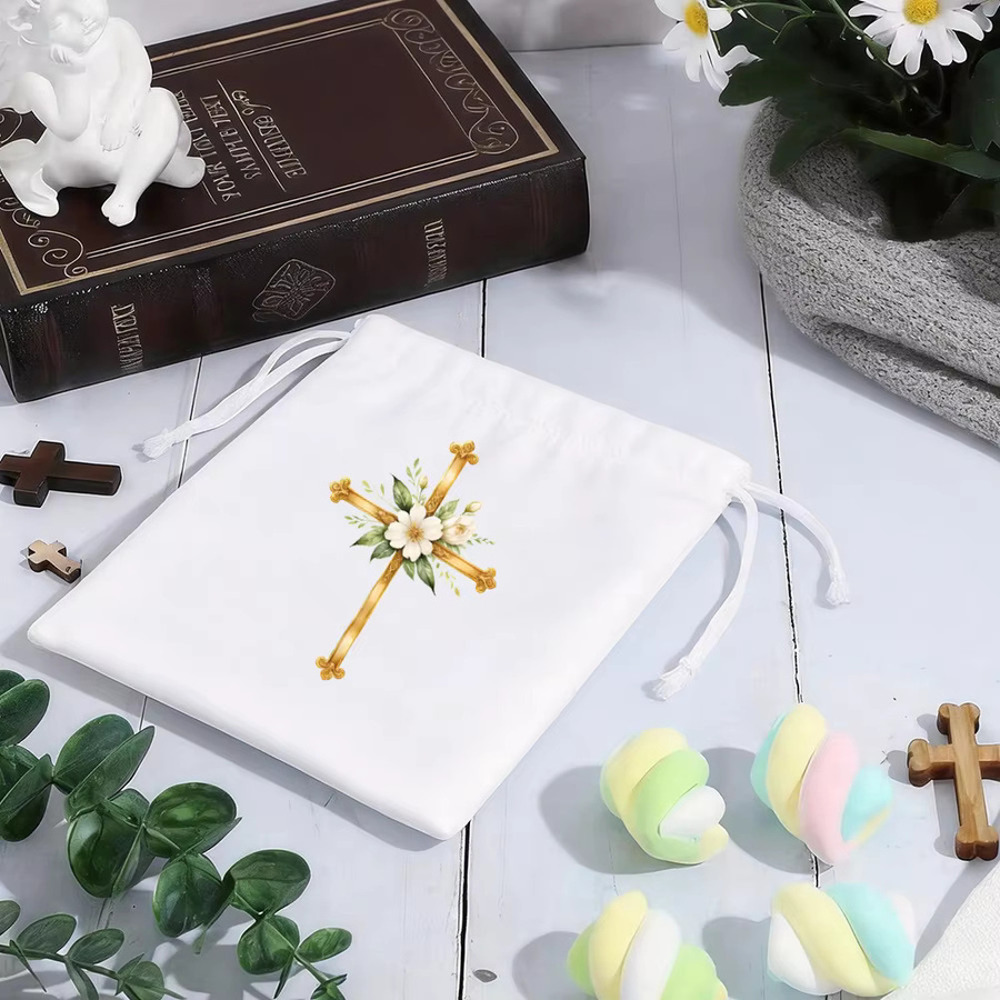 5 Stück weiße Kreuz-Geschenktüten mit Kordelzug für Taufe und Erstkommunion - Bild 2