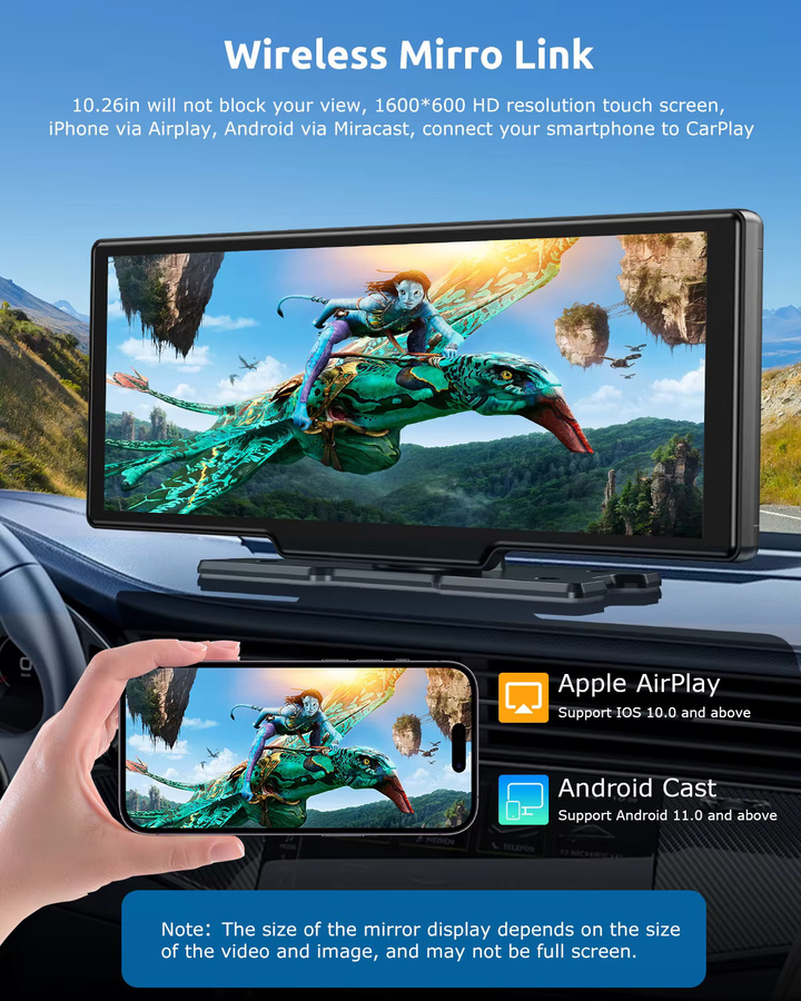 ESSGOO 4K Dash Cam mit 10,26 Zoll Touchscreen, 64G, Dual Objektiv, Bluetooth, WiFi, CarPlay und Android Auto, Schwarz - Bild 4