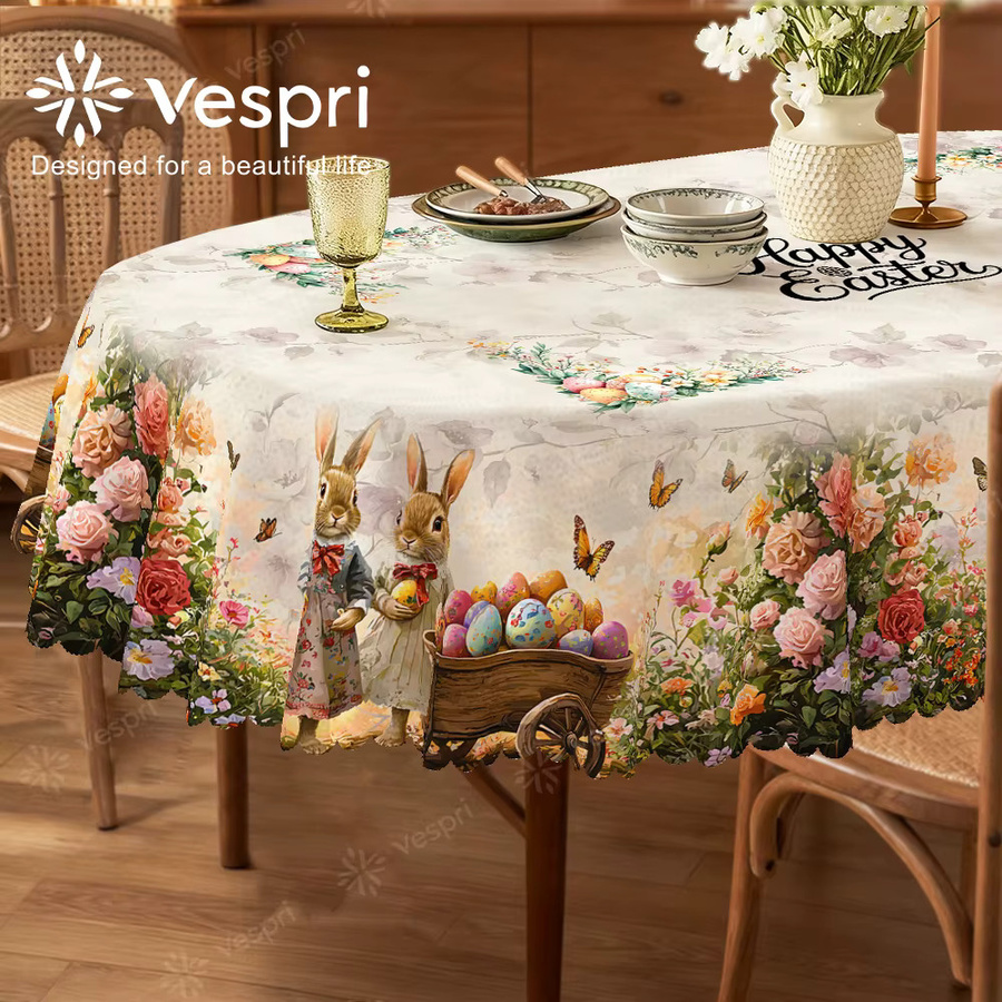 Vespri Oster-Tischdecke aus Polyester in Weiß-Beige mit Blumen- und Hasenmuster für Partys und Dekoration - Bild 2
