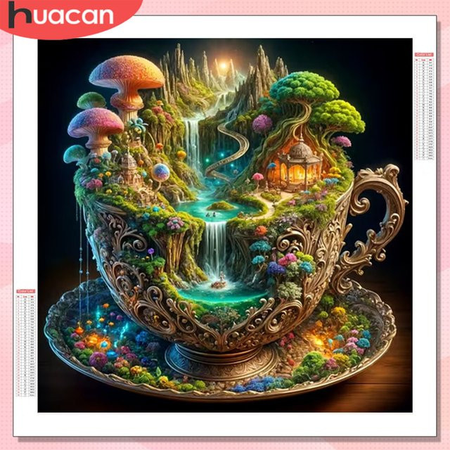 HUACAN Diamant-Malerei-Set Waldlandschaft mit Pilzen, Diamant-Mosaik mit runden Steinen in Multicolour, Dekoration für dein Zuhause - Bild 1