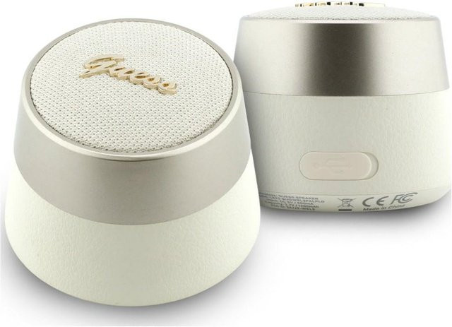 Tragbarer Bluetooth-Lautsprecher Guess Script mit Metall-Logo, 5W, TWS, Gold und Weiß - Bild 1