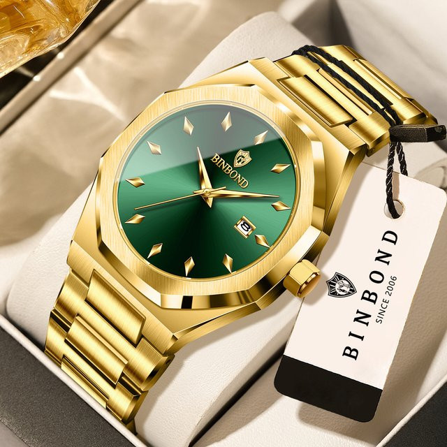 BINBOND Armbanduhr Quarz, Edelstahl, Gold, Grün, Herren - Bild 1