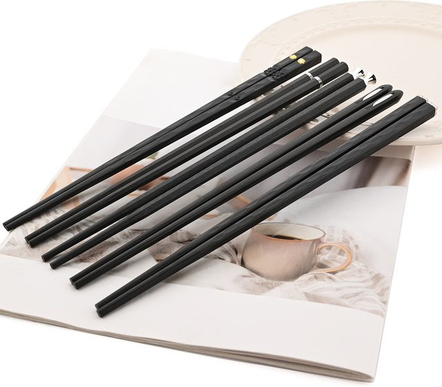 5 Paar Zoseil Sushi-Essstäbchen aus schwarzer Metalllegierung mit rutschfestem Griff und mattem Finish - Bild 1