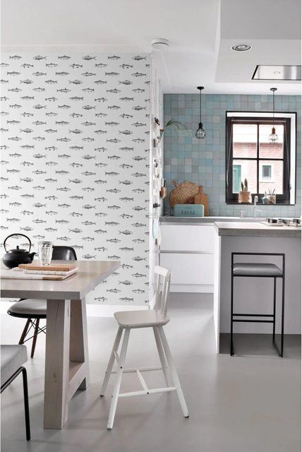ESTAhome Vlies-Tapete mit Federzeichnung und Fisch-Motiv in Weiß und Schwarz, Breite: 0,53 m, Länge: 10,05 m - Bild 1
