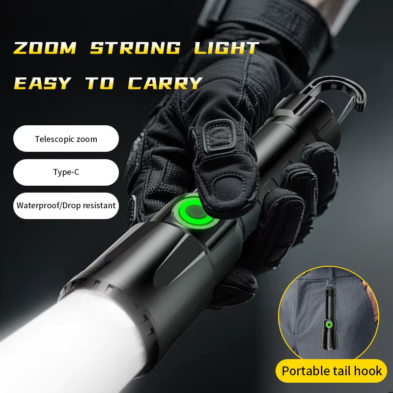 XIWANGFIRE LED Taschenlampe mit Zoomfunktion, wiederaufladbare Handtaschenlampe in Schwarz aus Aluminium für Camping, Wandern und Notfälle - Bild 2