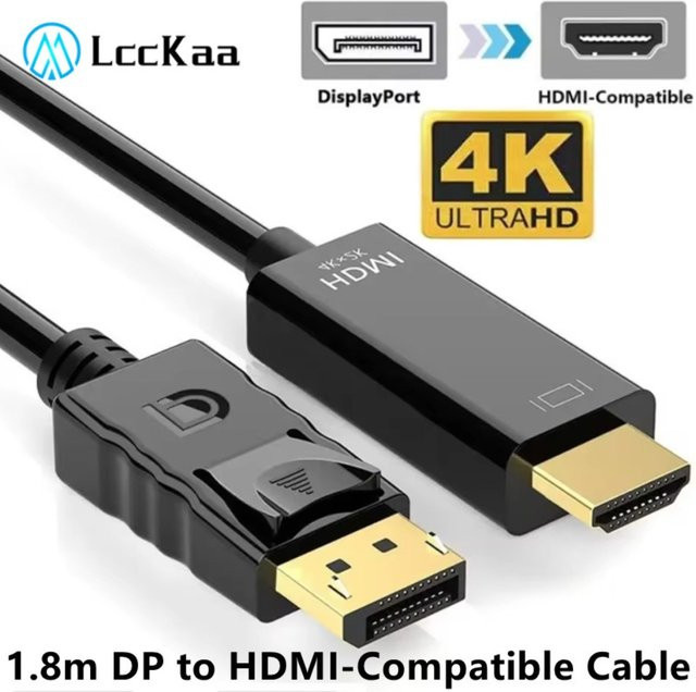 LccKaa DisplayPort zu HDMI Adapter mit 1,8 m Kabel, 4K x 2K Konverter in Schwarz für Desktop, Laptop, PC, TV und Monitor - Bild 1