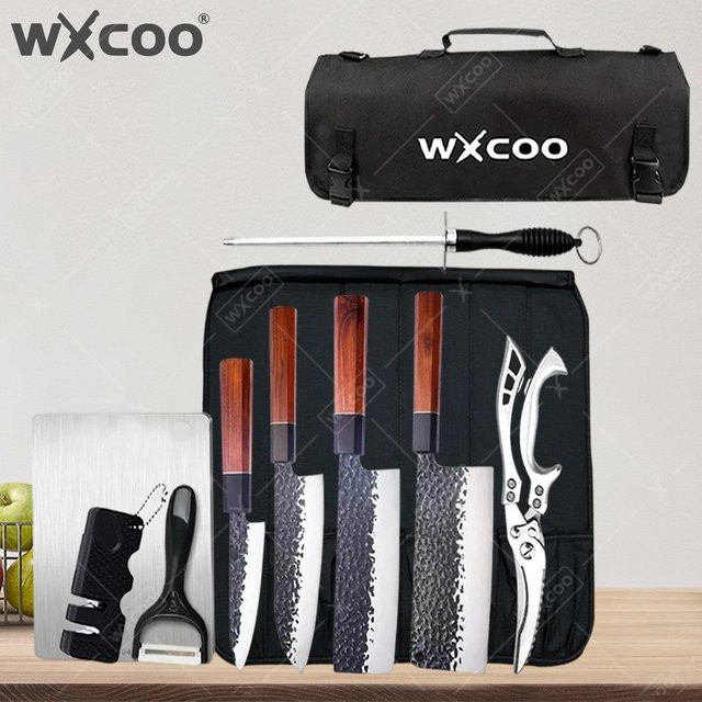 WXCOO Professionelles Ausbeinmesser aus Edelstahl mit Holzgriff und Kochmesser-Rolltasche aus Leinen - Bild 1