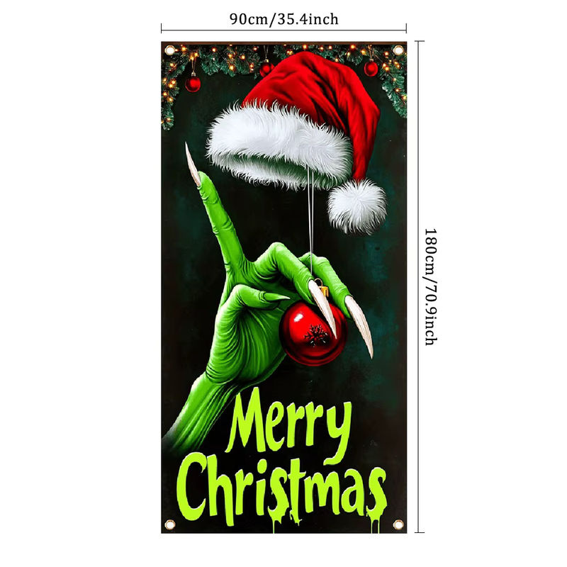 Weihnachts-Türdeko Frohe Weihnachten mit Elf-Motiv in Grün und Mehrfarbig, Vinyl-Hintergrund für Party und Veranda, B/H: 180 x 90 cm - Bild 5