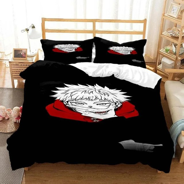 Jujutsu Kaisen Bettwäsche-Set mit 3D Anime Digitaldruck aus Polyester inklusive Bettbezug und Kissenbezügen mit Reißverschluss, Größe: 70 x 133 cm - Bild 1