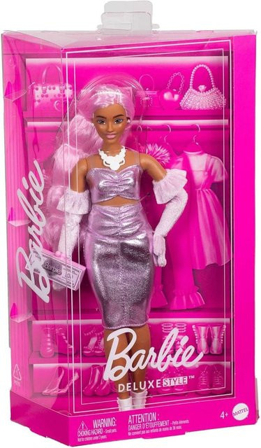 Mattel Barbie Deluxe Style Puppe mit violettem Metallic-Outfit und Accessoires - Bild 1