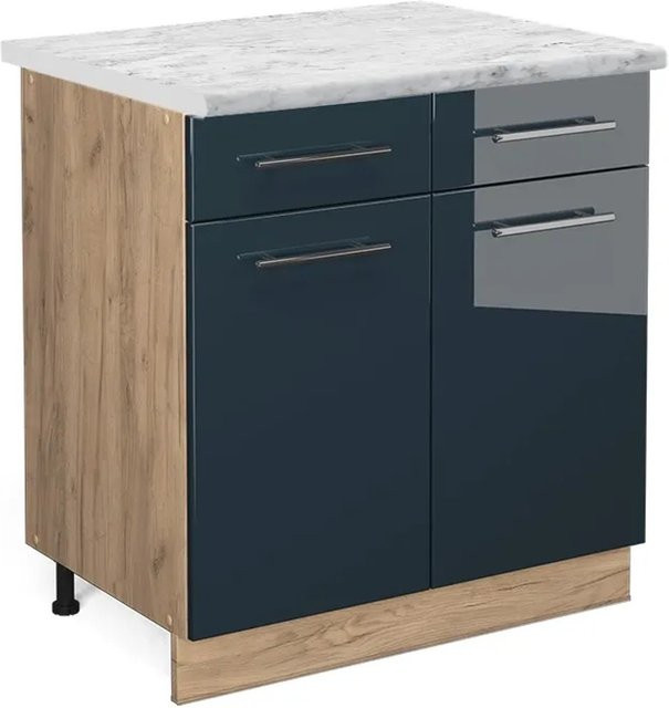 Vicco Küchenunterschrank Fame-Line Dunkelblau Hochglanz und Eiche mit Arbeitsplatte Weiß-Marmor Breite: 80 cm - Bild 1