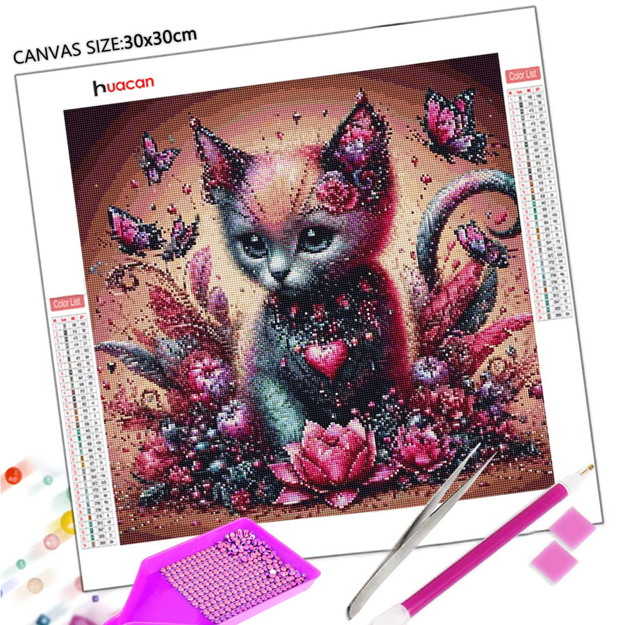 Huacan DIY Diamantmalerei Set mit Katze, Schmetterling und Blumen in Multicolour, B/H: 20 x 20 cm - Bild 2