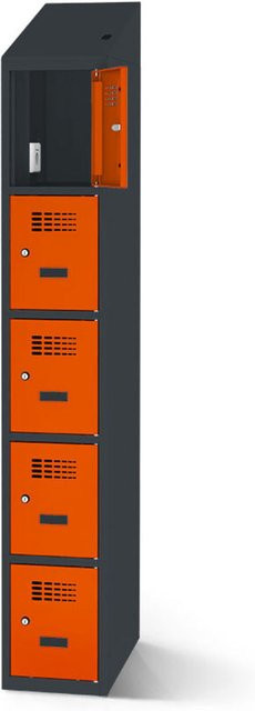rotstahl Fächerschrank mit Ladefunktion in Orange und anthrazitgrauem Korpus, B: 30 cm, H: 200 cm - Bild 1