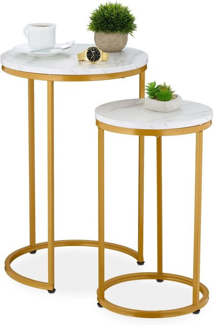 Relaxdays Satztisch 2er Set in Marmoroptik mit Weiß und Gold, runde Tische aus MDF und Eisen - Bild 1