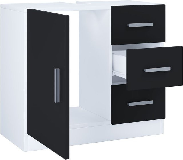 VCM Waschbeckenunterschrank Zalo XL Badschrank mit 1 Drehtür und 3 Schubladen Weiß/Schwarz B/H/T: 63 x 56 x 30 cm - Bild 1