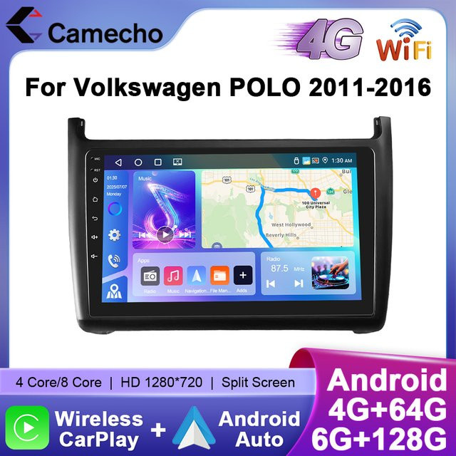 Camecho Auto Radio mit drahtlosem CarPlay und Android Auto für VW Volkswagen Polo 2011-2016, intelligentes GPS Stereo System mit 4G WiFi und RDS in Schwarz - Bild 1