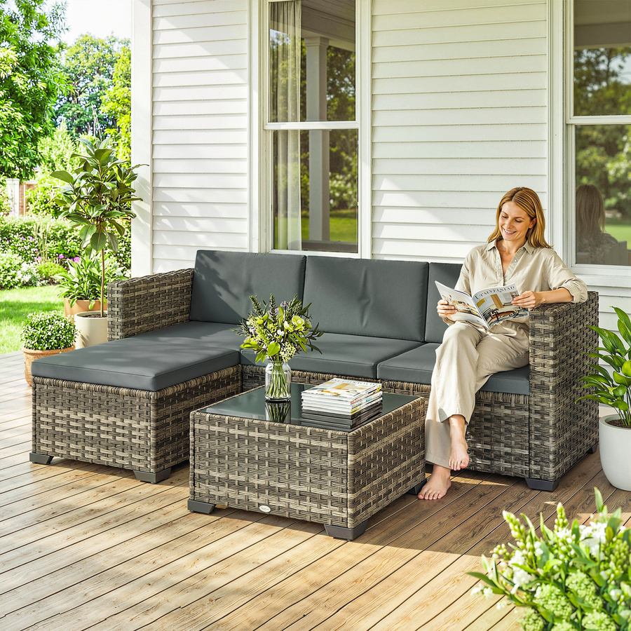 Outsunny 5-teiliges Rattan-Garten-Set mit Kissen in Dunkelgrau bestehend aus 2 Ecksesseln, Sesseln ohne Armlehnen, einem Fußhocker und einem Couchtisch - Bild 2