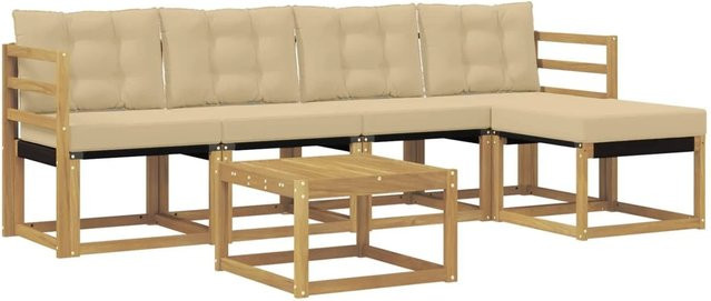 vidaXL Outdoor-Sofagarnitur 6-teilig in L-Form mit Kissen und Couchtisch, Weiß und Beige - Bild 1
