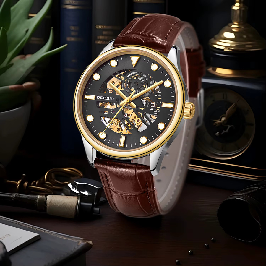 Deesio Herren-Skelettuhr, Automatik, Edelstahl, Lederarmband, Saphirglas, Schwarz - Bild 4