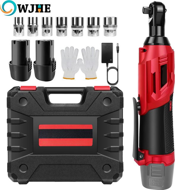 OWJHE Kabelloser elektrischer Ratschenschlüssel 3/8 Zoll, 12V Akku-Ratschenwerkzeug mit 200NM Drehmoment, 90 Grad Winkelschlüssel in Rot inklusive 2x 1300mAh Akkus und 7 Steckdosen - Bild 1