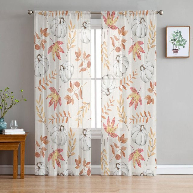A Family Of Home Textiles Sheer Voile Fenstervorhänge mit Herbst Ahornblättern und Kürbis, Tüllvorhang Weiß, Breite: 135 cm, Höhe: 114 cm - Bild 1