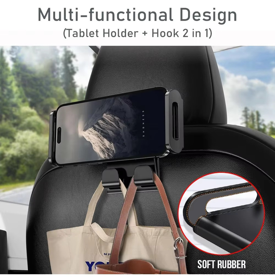 Beworth Kopfstützen-Tablethalterung für Tesla Model 3 Y Juniper Highland in Schwarz mit Handyhalterung und Haken für den Rücksitz als iPad-Zubehör - Bild 5